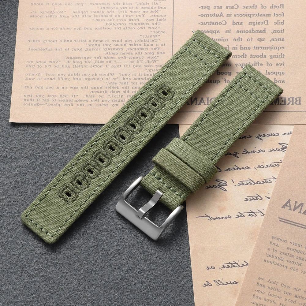 Stitched Canvas Nylon Band in Army Green with Silver Buckle