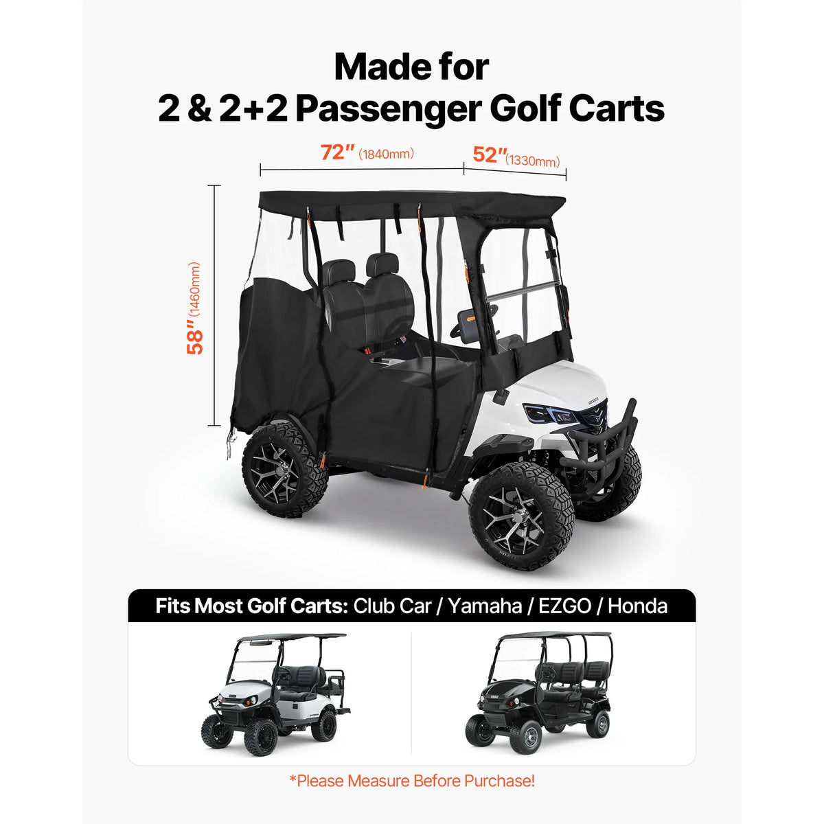 Golf Cart Enclosure for 2-Passenger Carts, Clear Windows