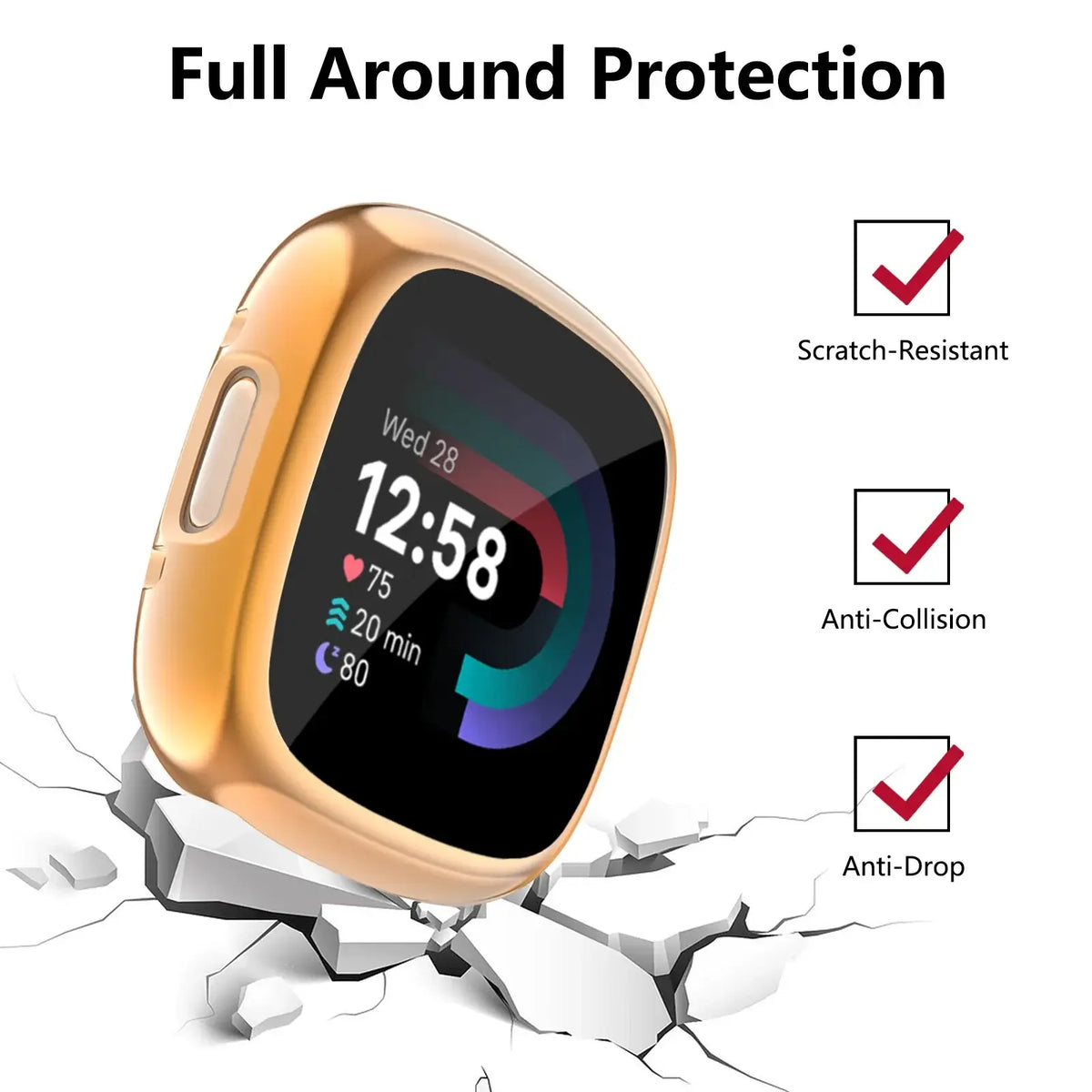 Full around protection case for Fitbit Versa and Sense, showcasing scratch-resistant, anti-collision, and anti-drop features.