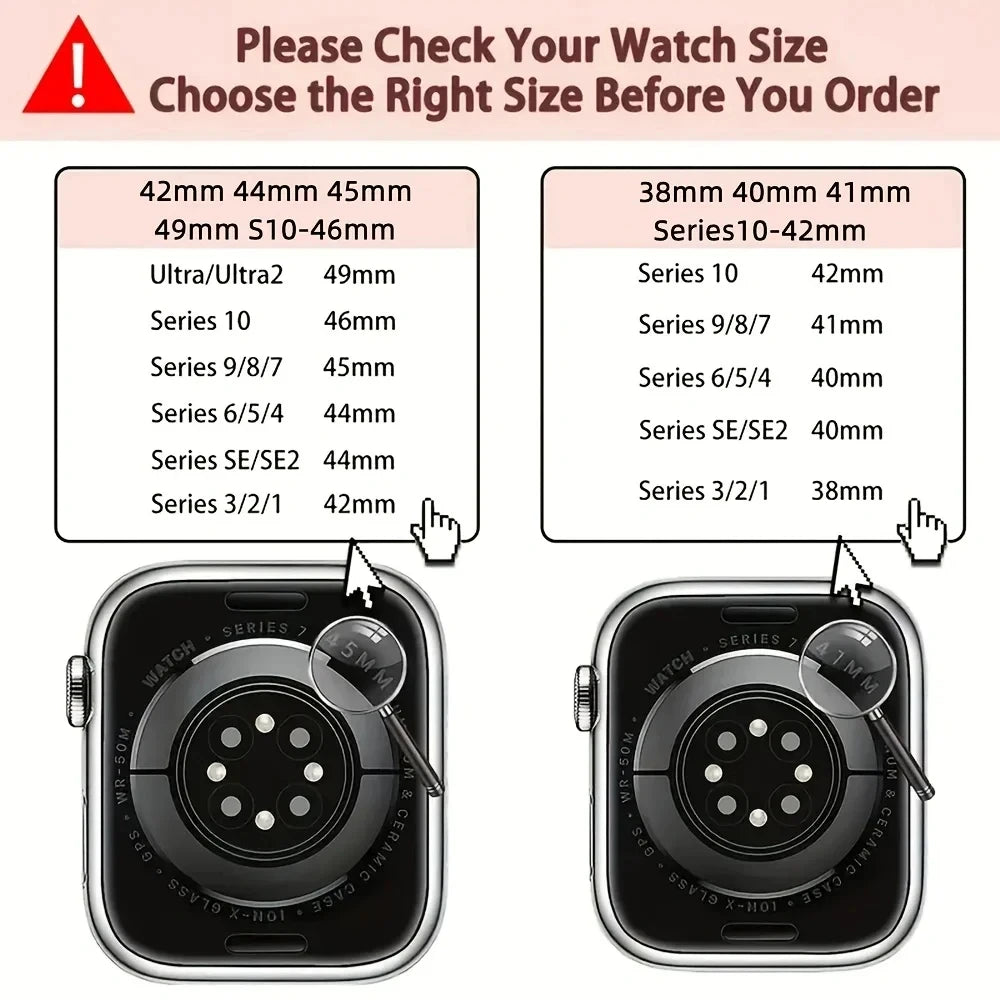 Apple Watch size guide comparing 38mm to 49mm sizes with model compatibility details.