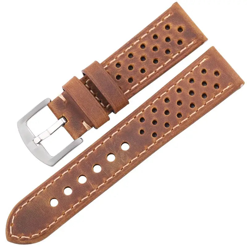 TicWatch Perforated Leather Rally Band - Brown / Silver Buckle