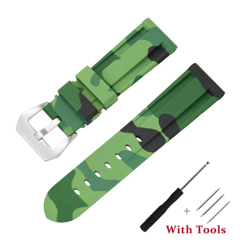 OnePlus Smartwatch Bands Silicone Sport Watch Strap Waterproof Bracelet in green camouflage design with tools.