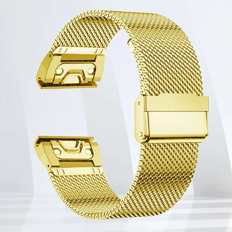 Gold stainless steel mesh band for Garmin smartwatches, designed for durability and style with adjustable fit.