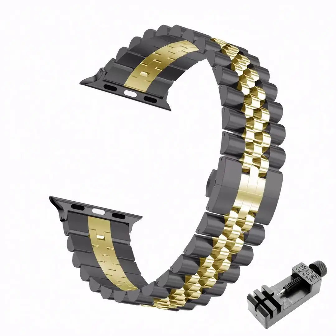 Black / Rose Gold five-row stainless steel Apple Watch band with adjustment tool