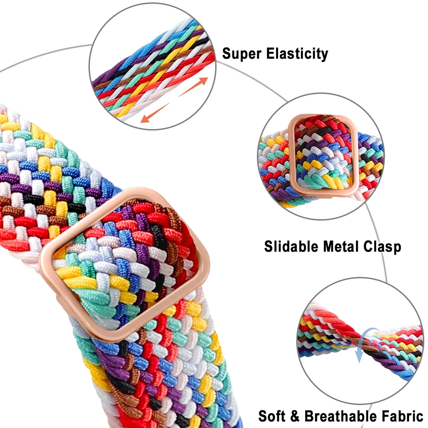 Colorful braided nylon band for Apple Watch featuring super elasticity and a slidable metal clasp for a comfortable fit.