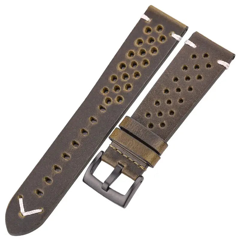 TicWatch Perforated Leather Band with V Stitch - Olive Green / Black Buckle