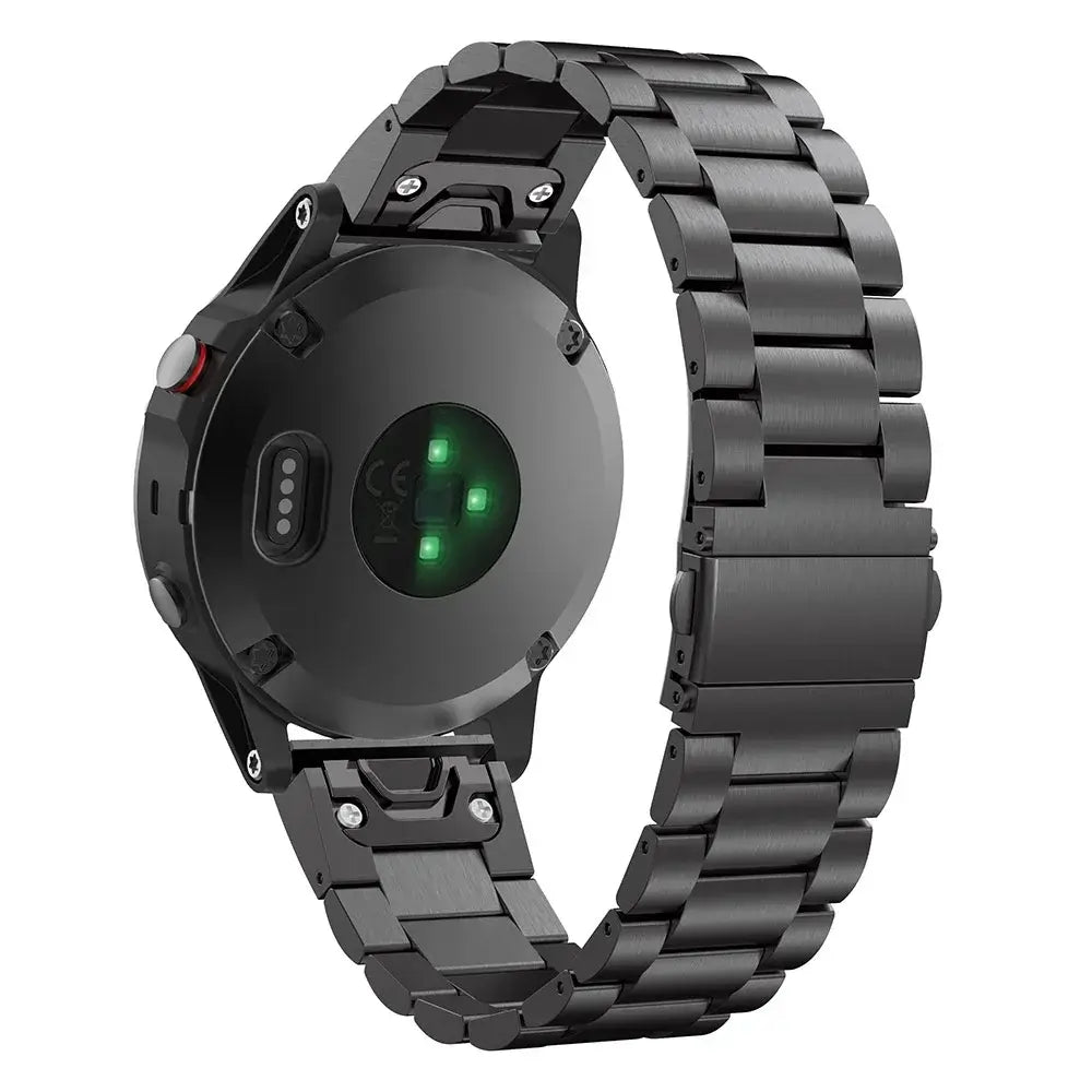 Garmin QuickFit Stainless Steel Three-Link Band in Black shown from the underside of a watch