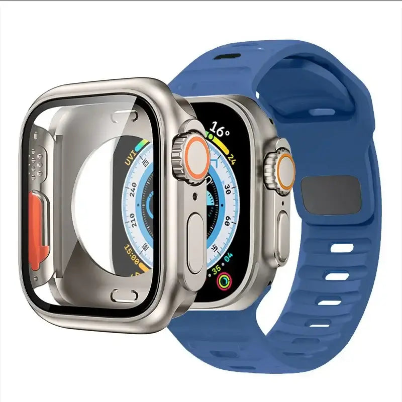 Denim Blue slotted silicone Apple Watch band with coordinating case