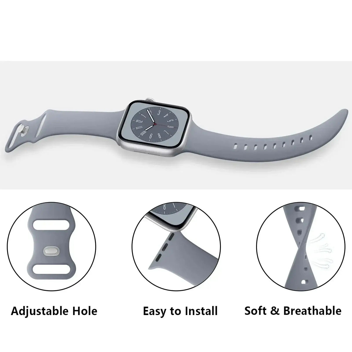 Slim silicone Apple Watch strap showing sizing holes, connector and flexible shape