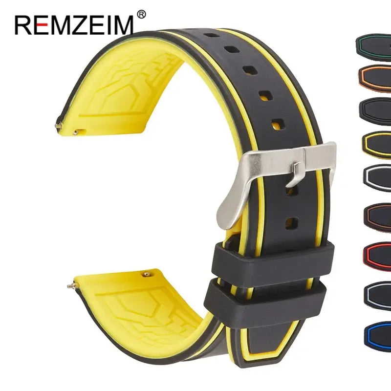 Silicone strap for Suunto watches in black and yellow, featuring a secure buckle and stylish design for everyday wear.