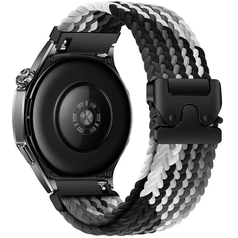 Braided Nylon Clasp Band for Polar – Black / Gray / White Stripes