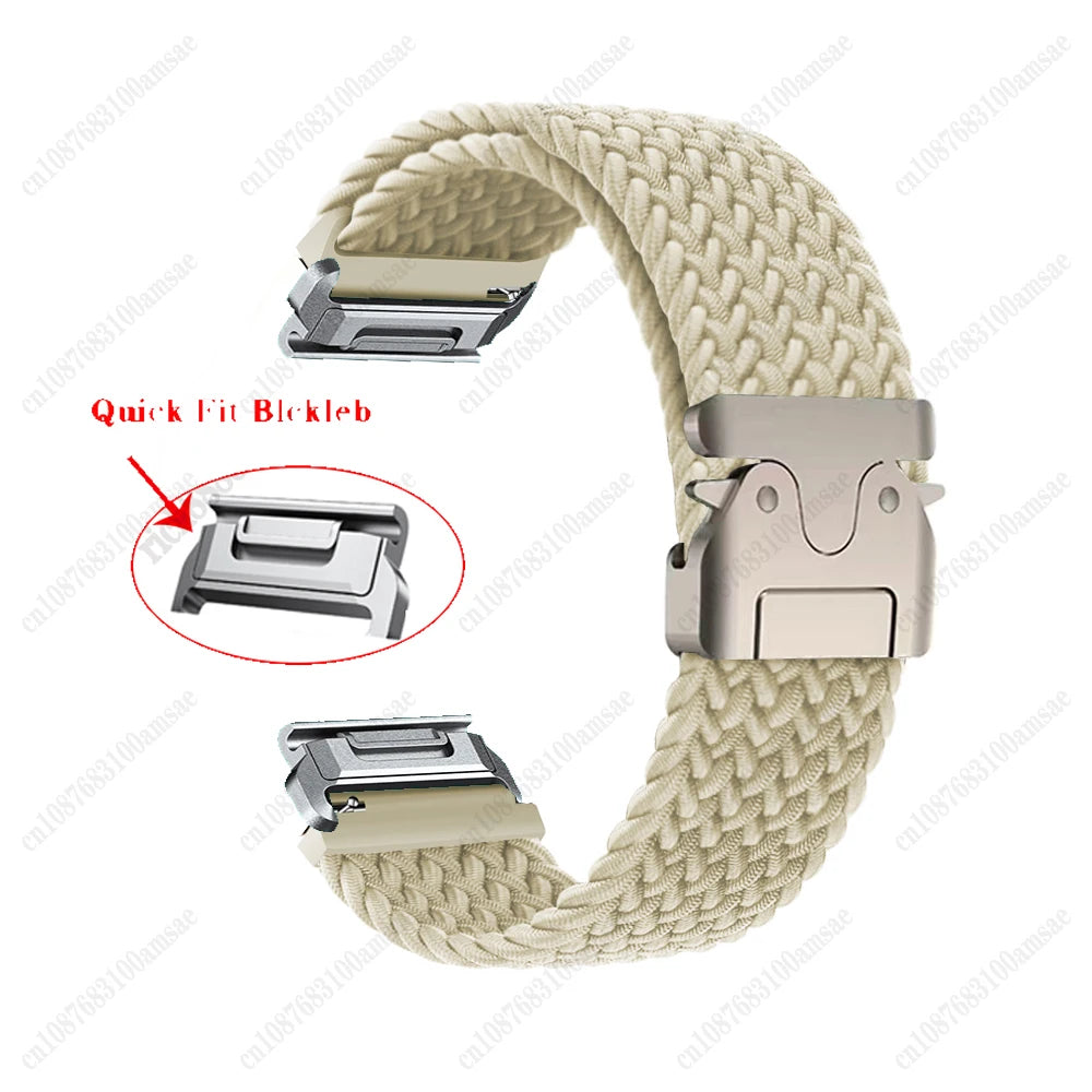 Garmin braided nylon strap in beige featuring a quick fit buckle for easy smartwatch replacement.