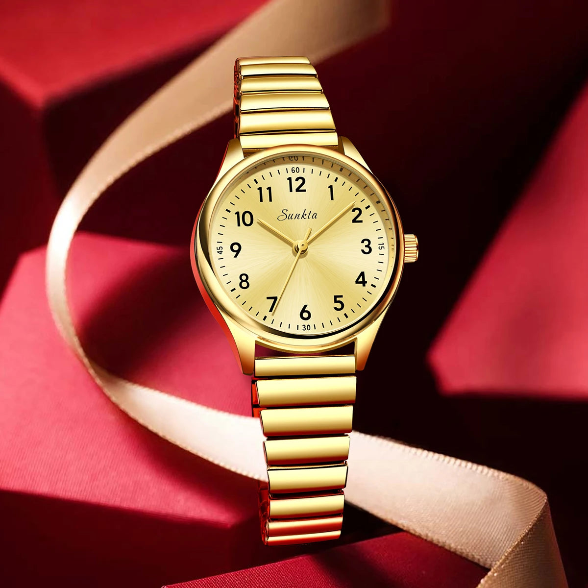 Women's Arabic Numeral Quartz Watch — Gold-tone watch displayed — BandsCo Straps