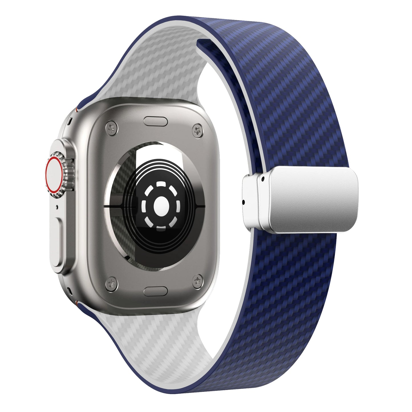 Apple Watch with blue silicone strap and magnetic buckle, showcasing durable design and secure fit.