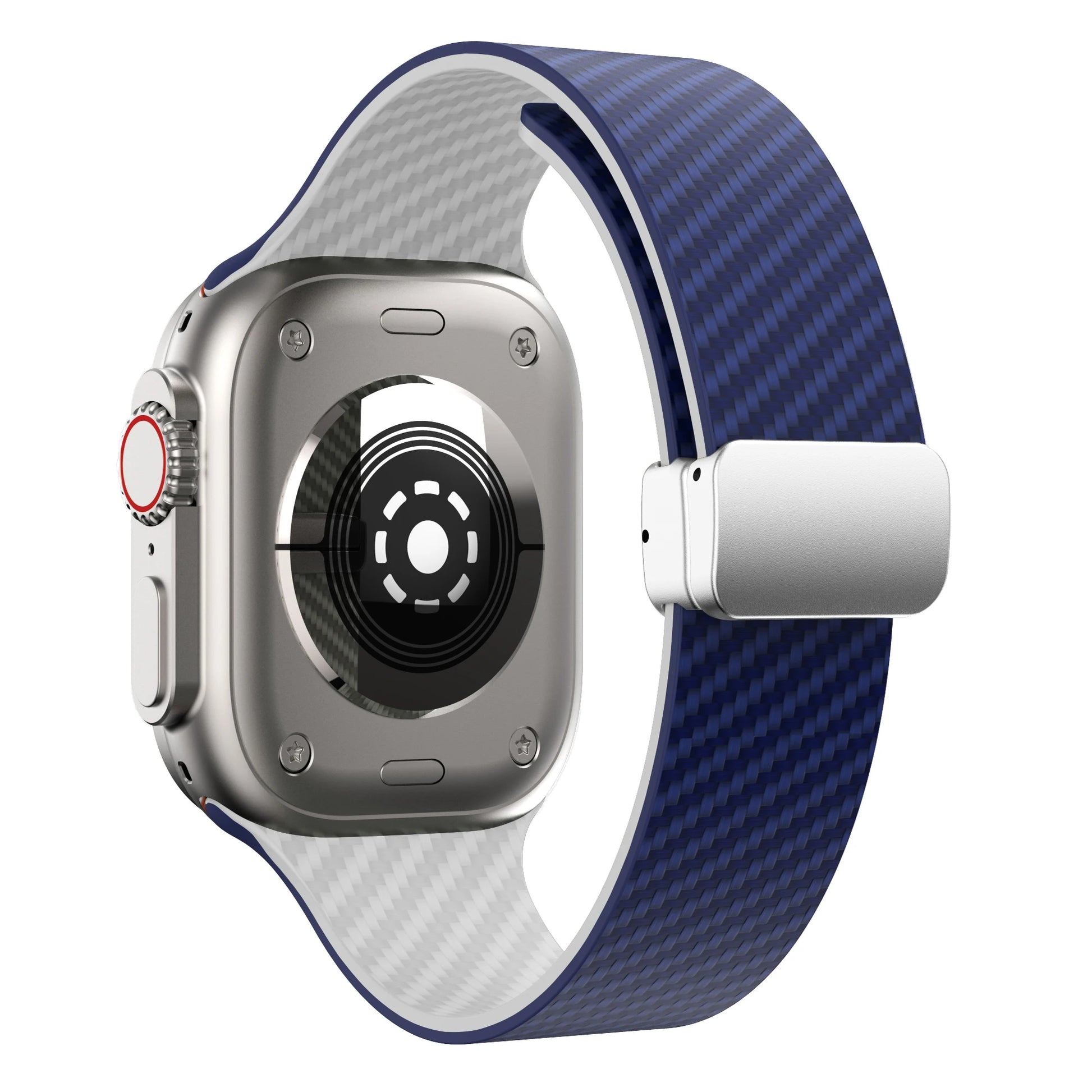 Apple Watch with blue silicone strap and magnetic buckle, showcasing durable design and secure fit.
