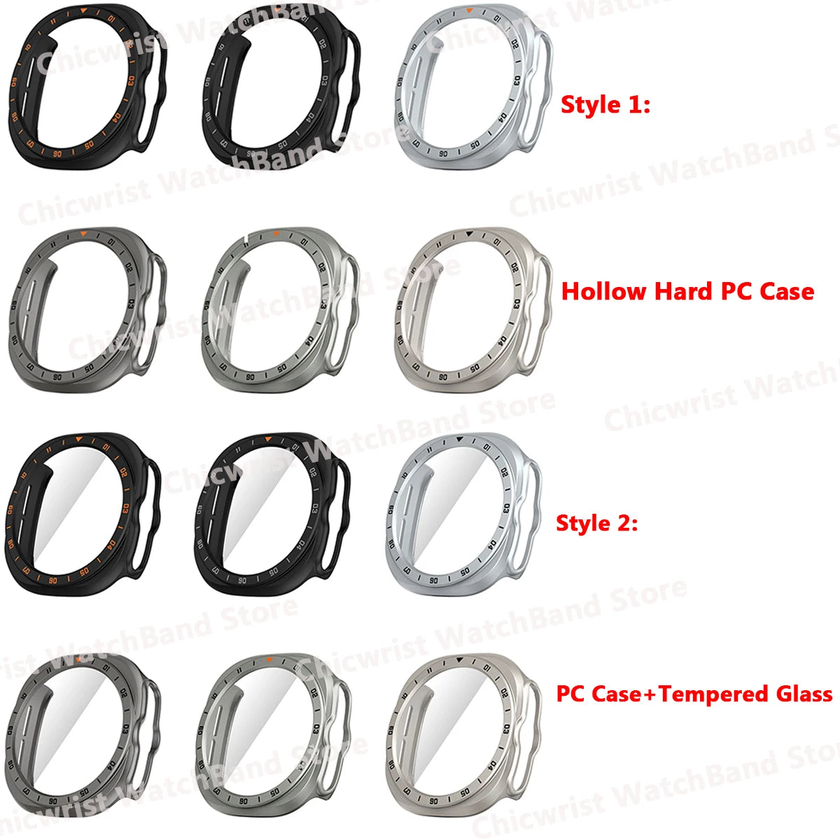 Samsung Galaxy PC Hollow Watch Band - Ultra/Ultra2 Glass Case styles showing variations in hard cases and tempered glass protection.