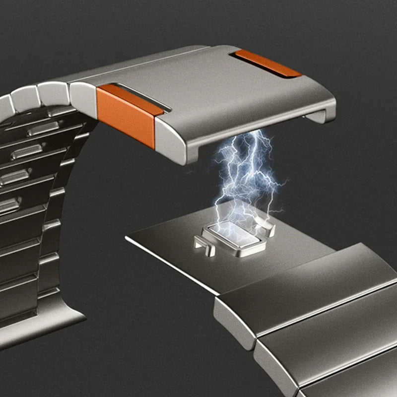 Close-up of an Apple Watch stainless steel band with magnetic buckle, showcasing innovative design and secure closure.