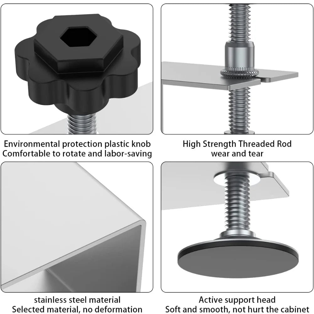 Drawer front clamp knob, threaded rod and padded foot