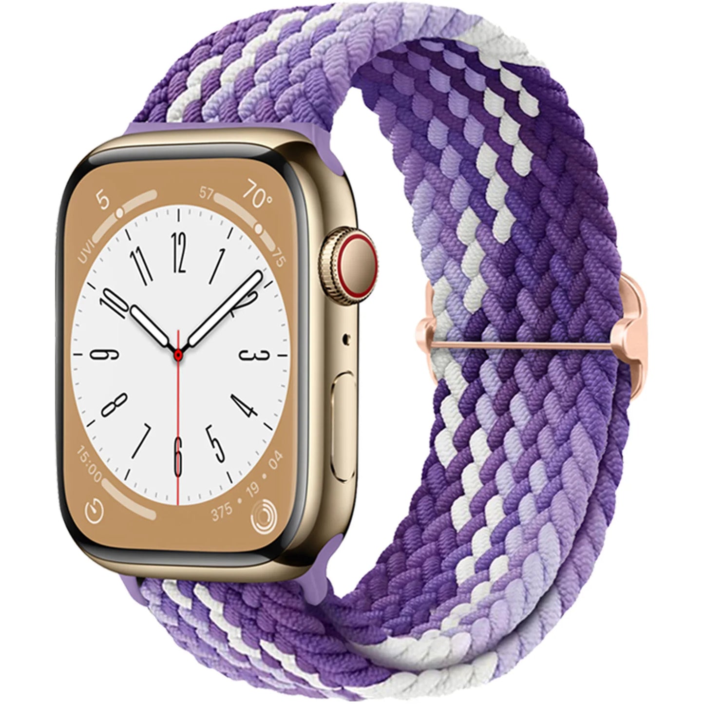 Apple Watch with braided purple and white elastic nylon strap, showcasing comfort and style for daily wear.