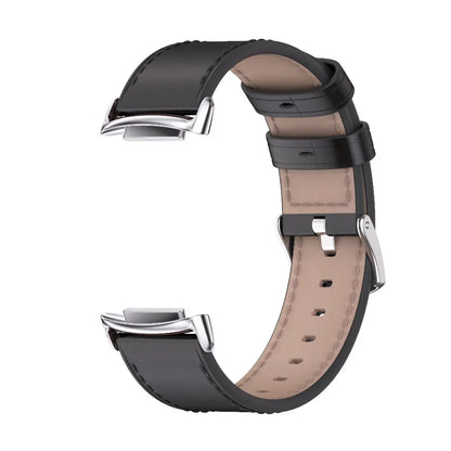 Fitbit Charge 6 stylish black microfiber leather strap with silver buckle, perfect replacement band for smartwatch users.