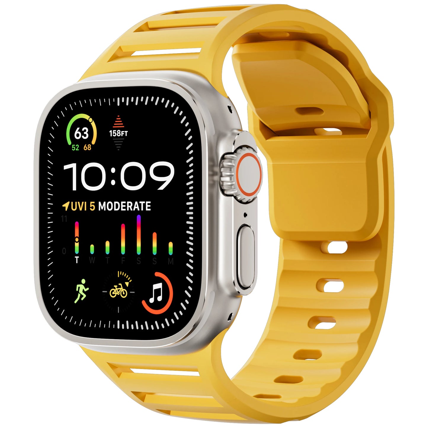Apple Watch with yellow silicone sport strap, showcasing its flexible and waterproof design for active lifestyles.