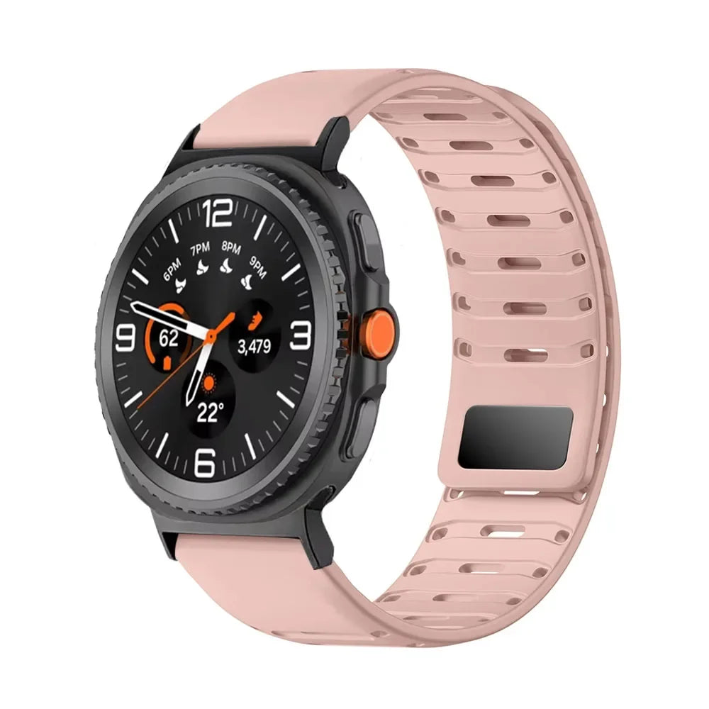 Samsung Galaxy Silicone Watch Band - Magnetic Watch8/Watch8 Classic/Watch9/Ultra/Ultra2 in pink color on smartwatch.