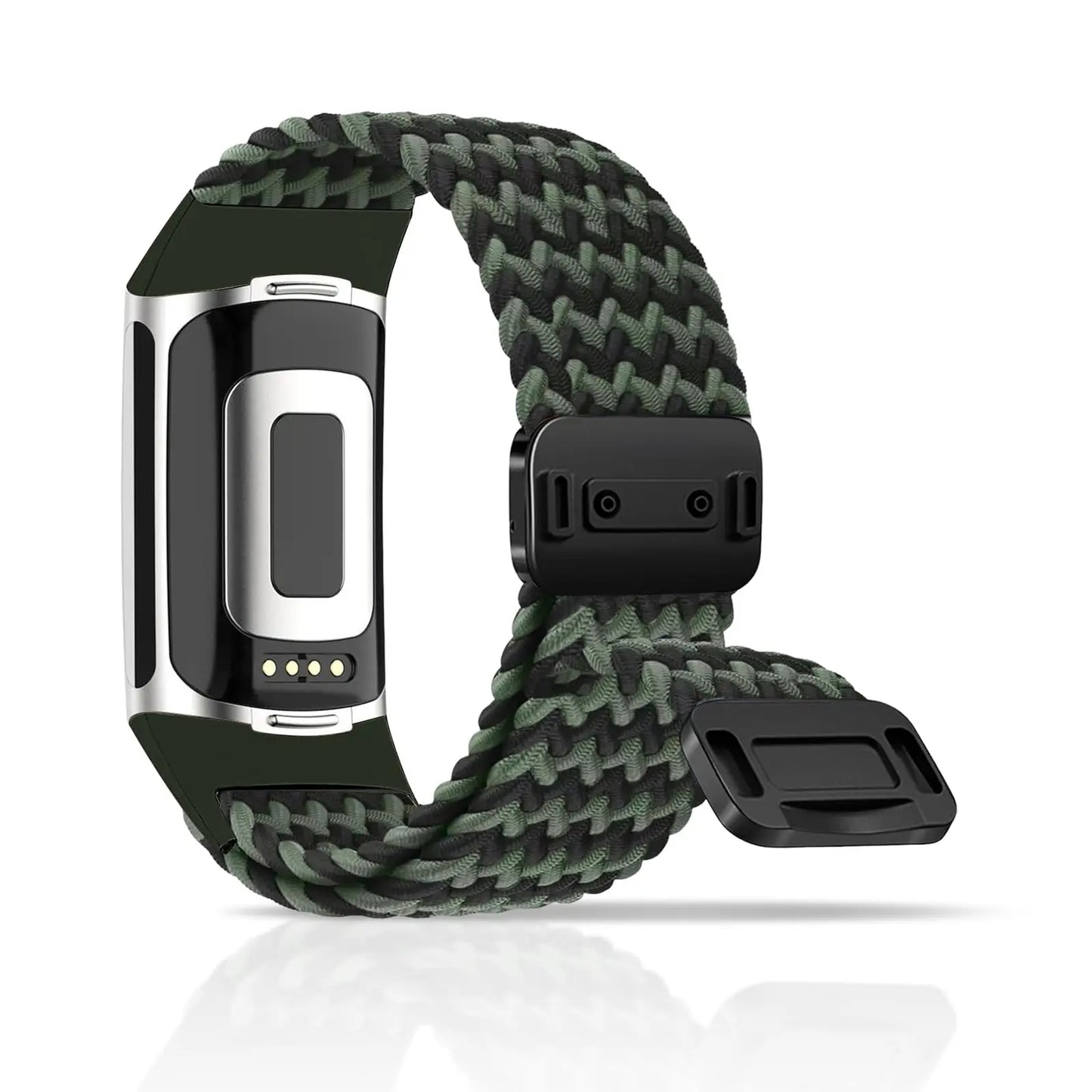 Fitbit Charge 5 6 braided band in green with magnetic buckle, perfect replacement strap for smartwatch.