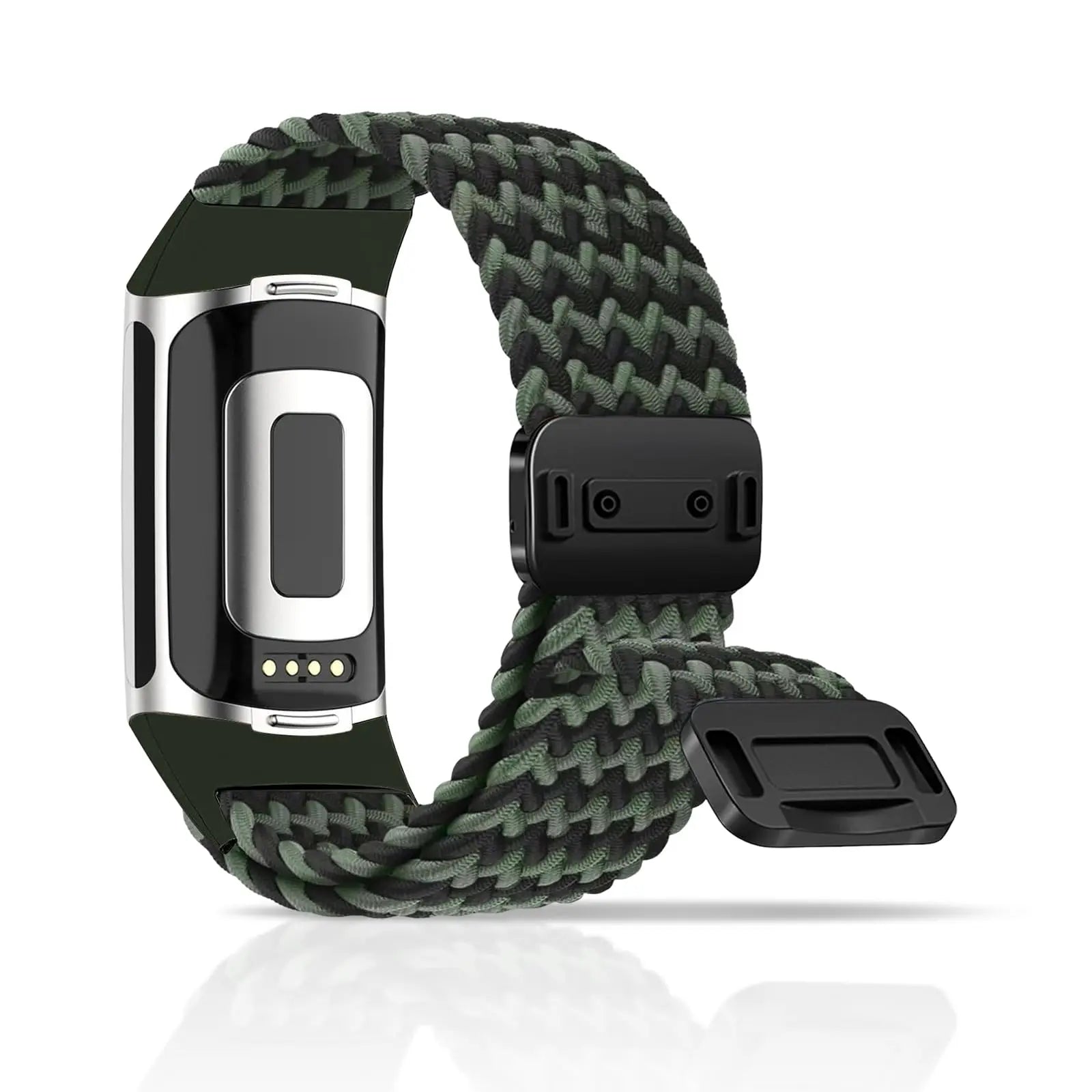 Fitbit Charge 5 6 braided band in green with magnetic buckle, perfect replacement strap for smartwatch.