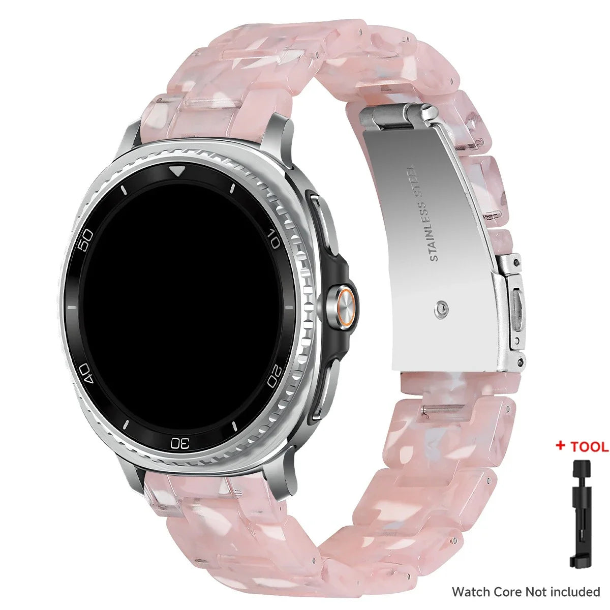 Samsung Galaxy Resin Link Watch Band - Tortoise Women Watch8/Watch8 Classic/Watch9 Ultra/Ultra2 in pink resin with stainless steel clasp.