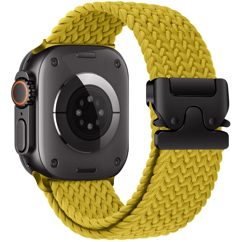 Apple Watch with a braided nylon parachute strap in vibrant yellow, showcasing breathable and durable design.