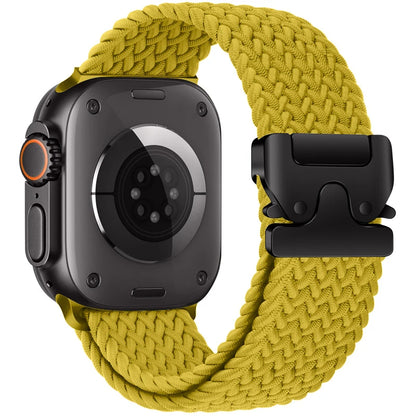 Apple Watch with a braided nylon parachute strap in vibrant yellow, showcasing breathable and durable design.