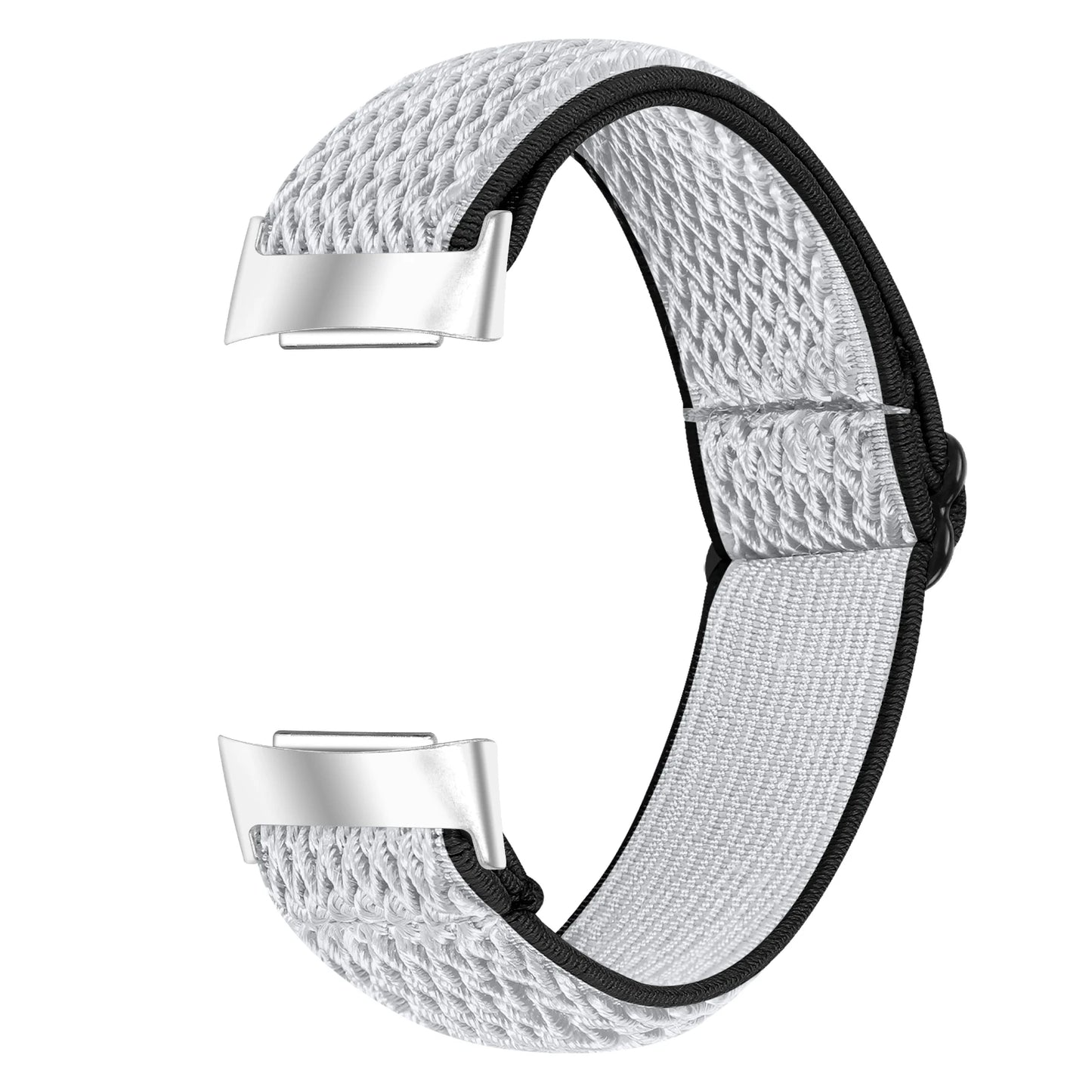 Fitbit Charge 6 nylon strap in white, elastic sport fabric for comfort and breathability, perfect smartwatch band replacement.