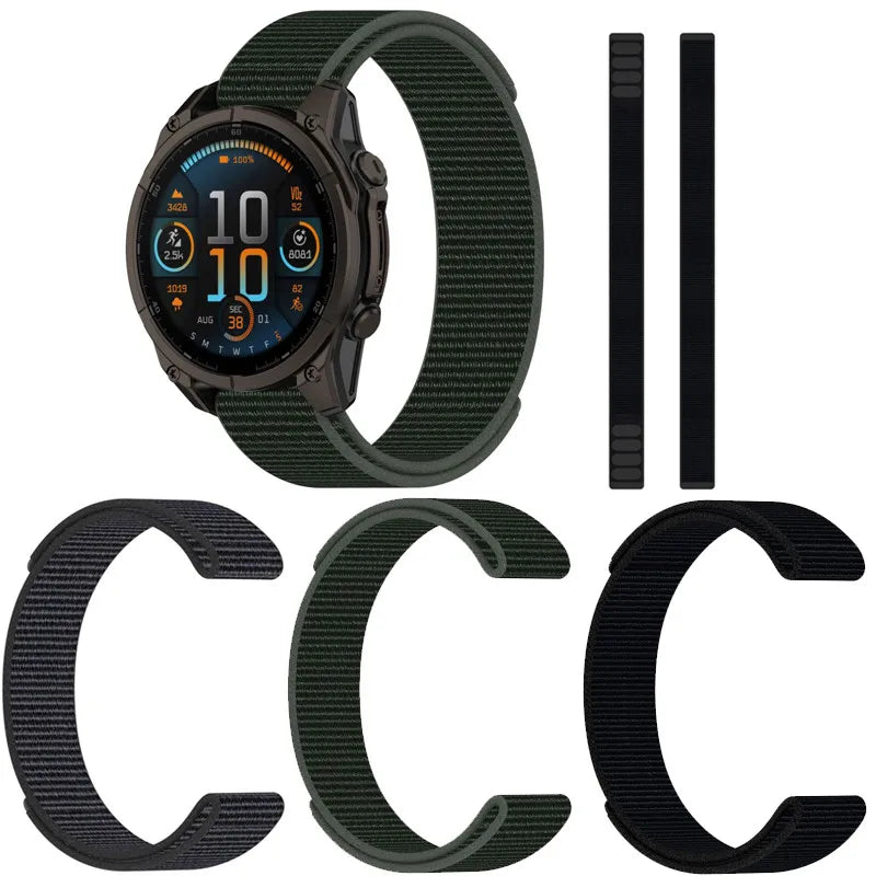 Garmin Nylon Loop Strap in black and green on smartwatch with replacement bands, showcasing breathable and durable design.