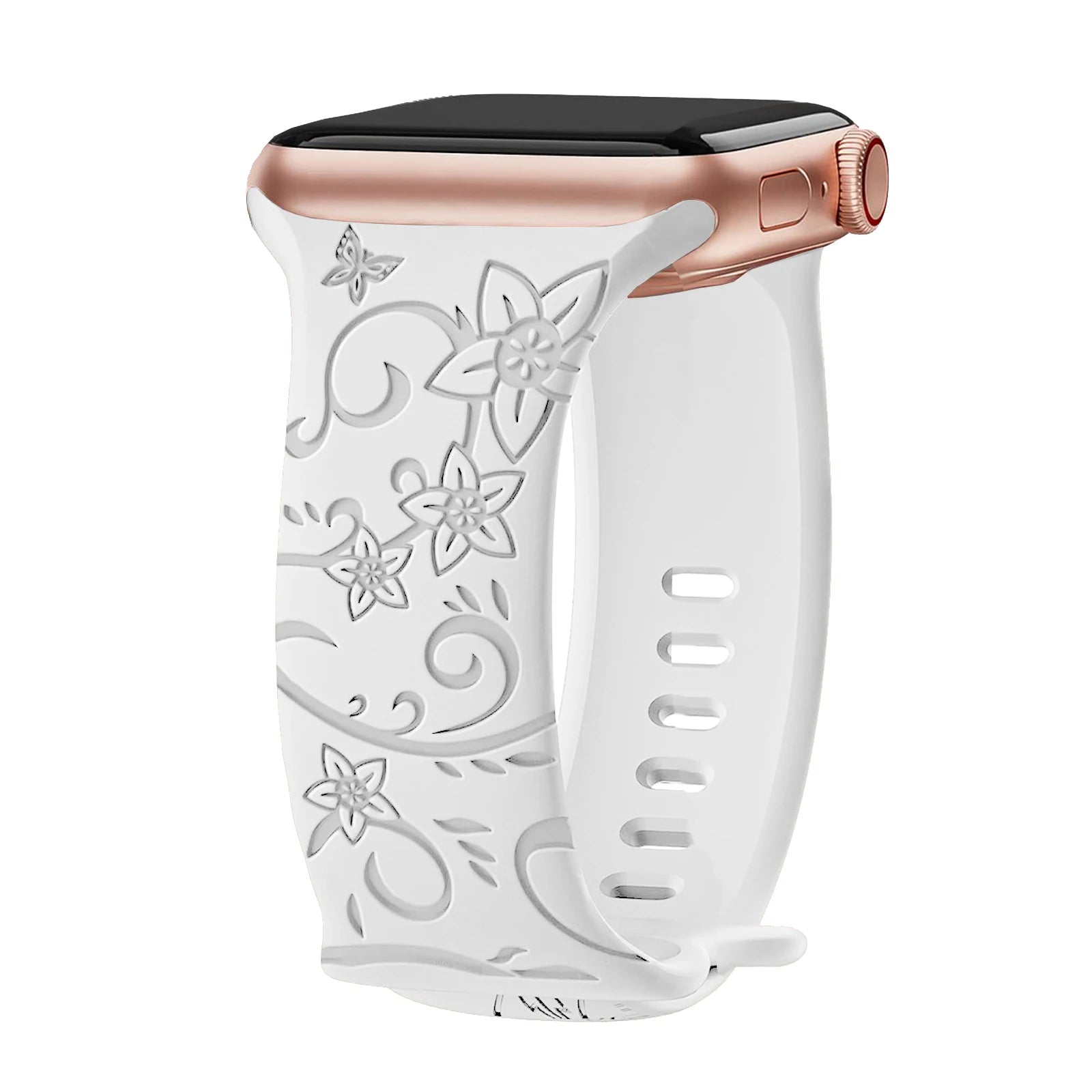Apple Watch Silicone Strap with floral engraving, soft, waterproof, and designed for all-day comfort.