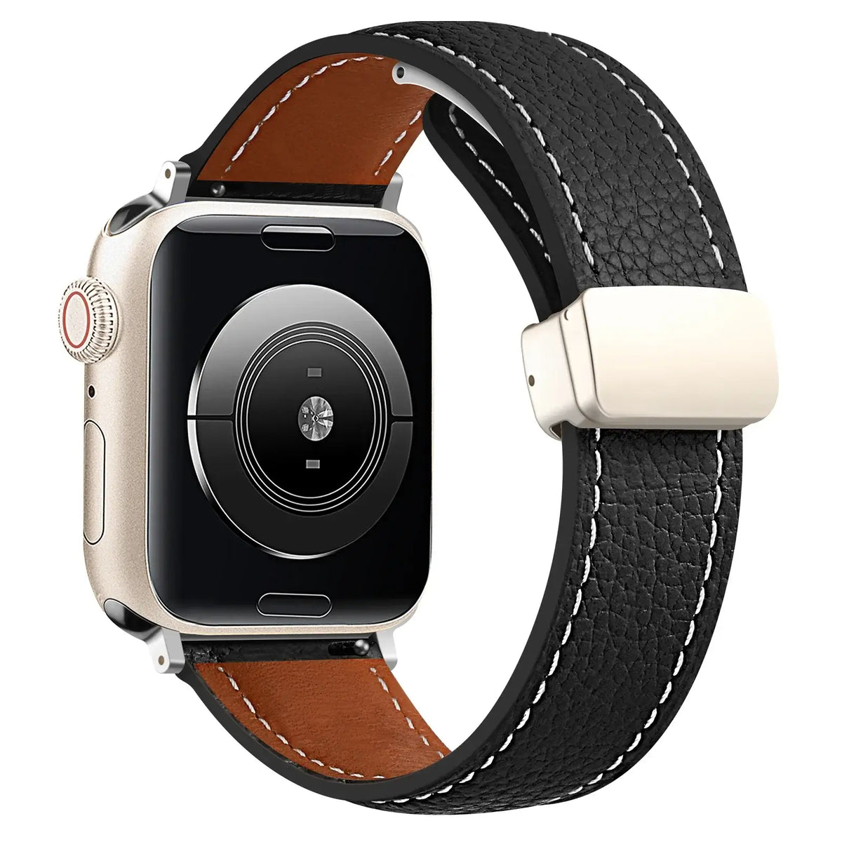 Stitched leather Apple Watch band in Black, with silver-tone folding clasp.