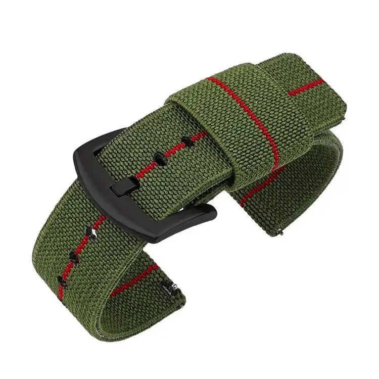 Samsung Galaxy Watch Solid & Striped Woven Strap in Army Green / Red Stripe / Black Buckle