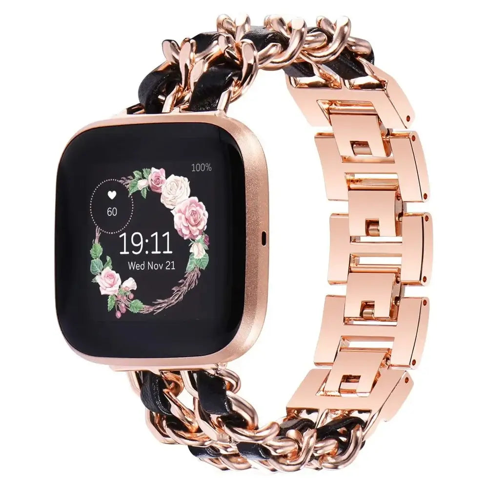 Fitbit Versa & Sense Leather-Woven Chain Band - Rose gold and black bracelet side view