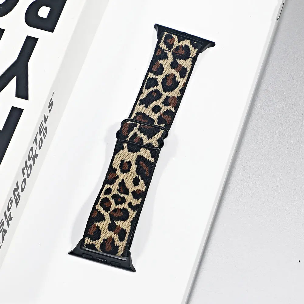 Apple Watch nylon sport loop strap in leopard print design, ideal for style and comfort during workouts and daily wear.