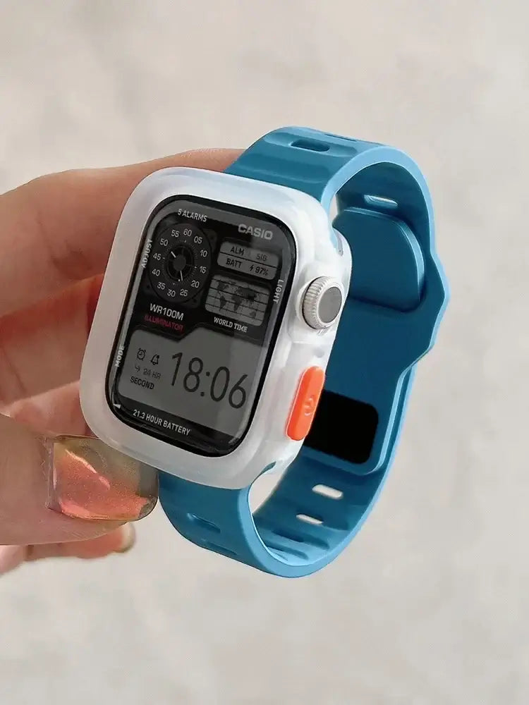 Frosted Clear / Blue Apple Watch silicone band and bumper case; case color listed first for two-color combinations.