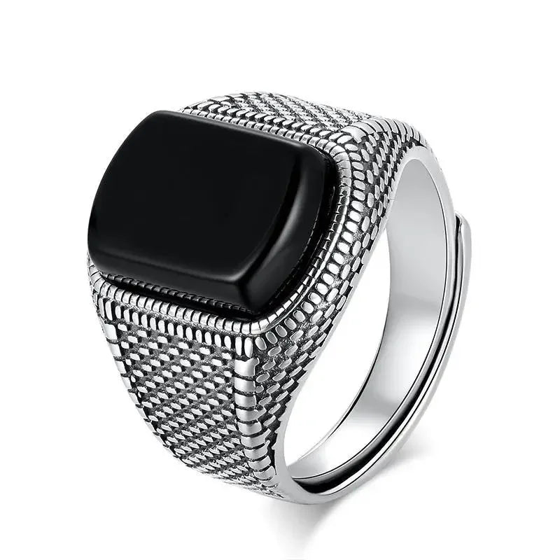 Black Agate Geometric Ring, 925 Sterling Silver - view 3