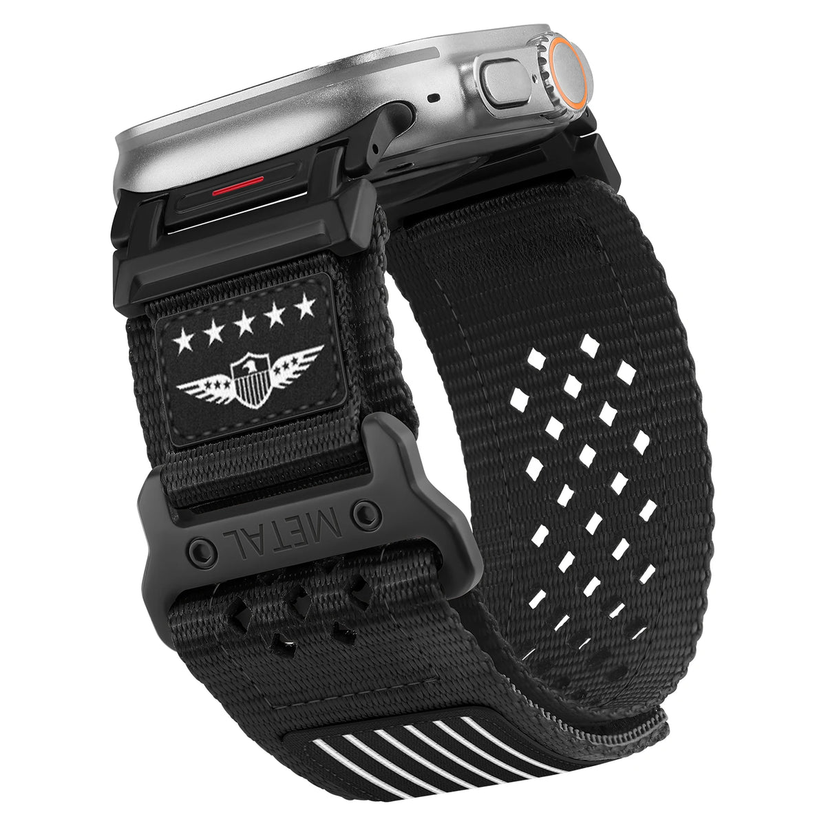 Perforated Nylon Apple Watch Sport Band with Decorative Patches in Black - Black Patch