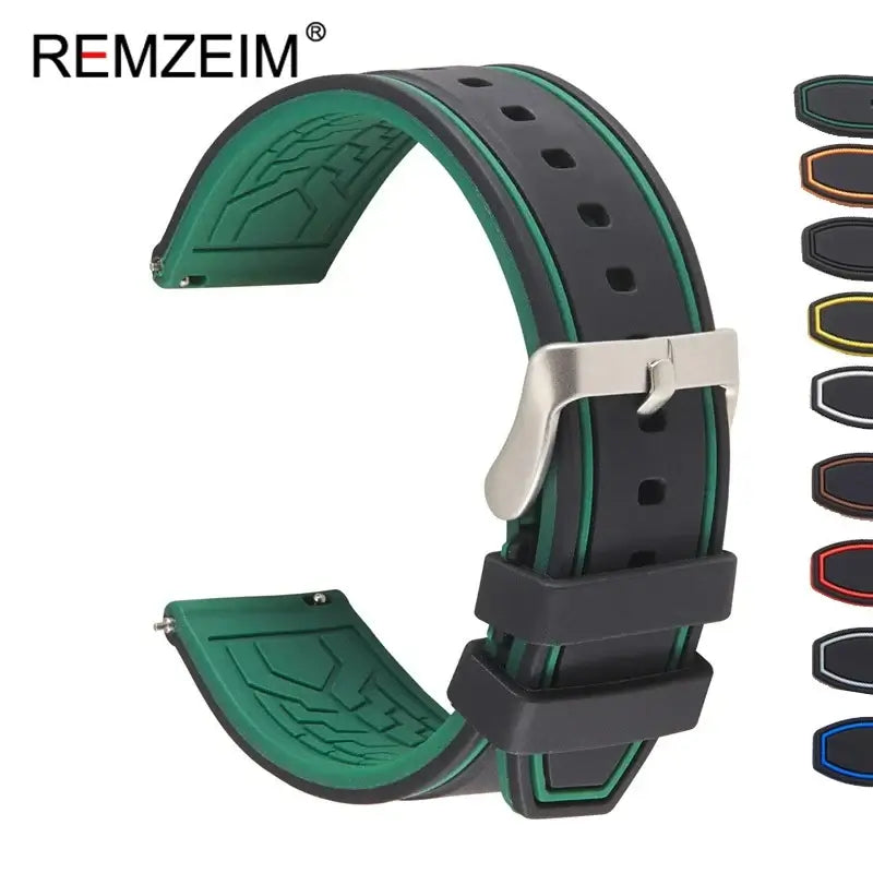 Stylish silicone strap for Suunto watches in black and green, featuring a secure fit and various color options.