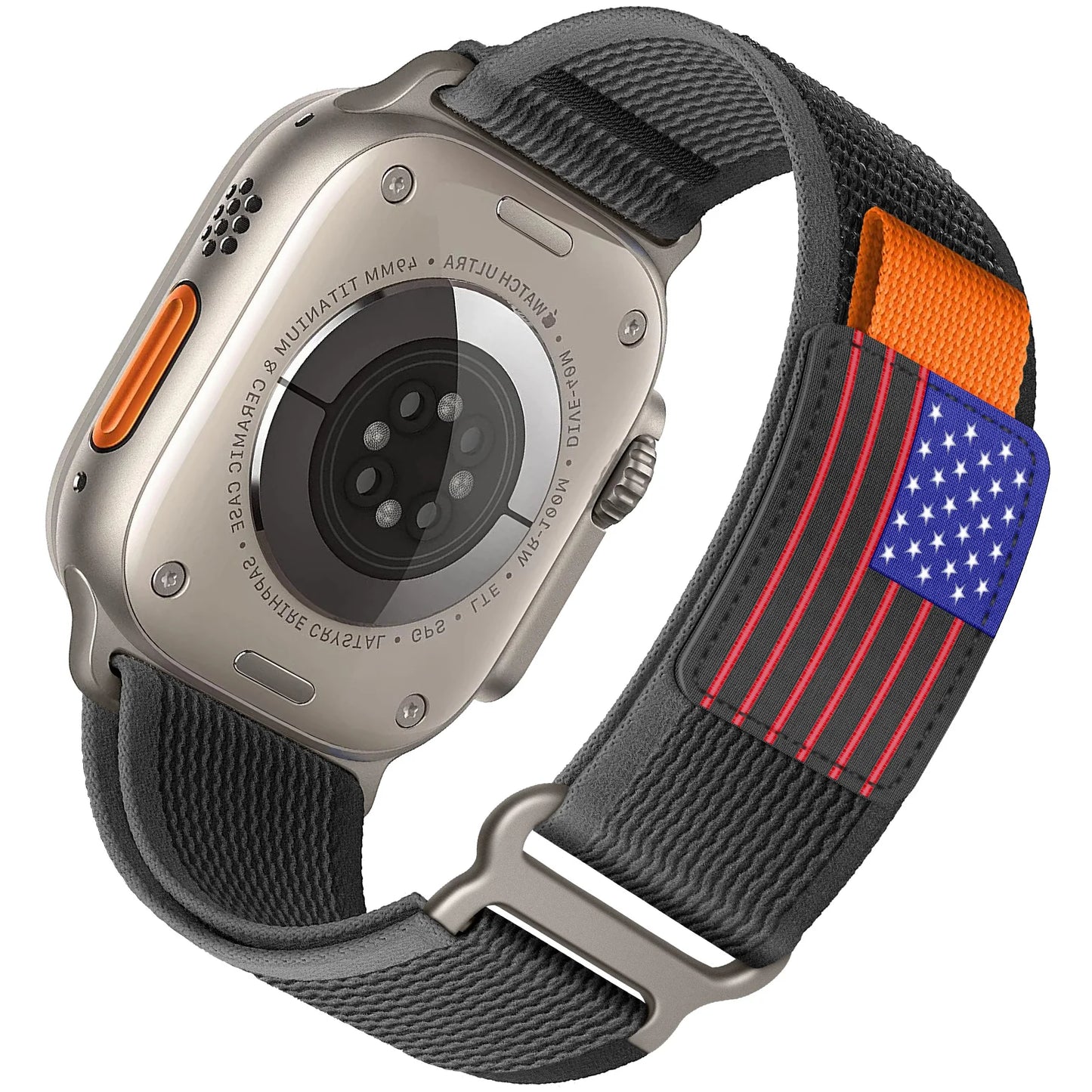 Apple Watch Nylon Band - Rugged Trail Loop in black with colorful American flag design and adjustable strap.