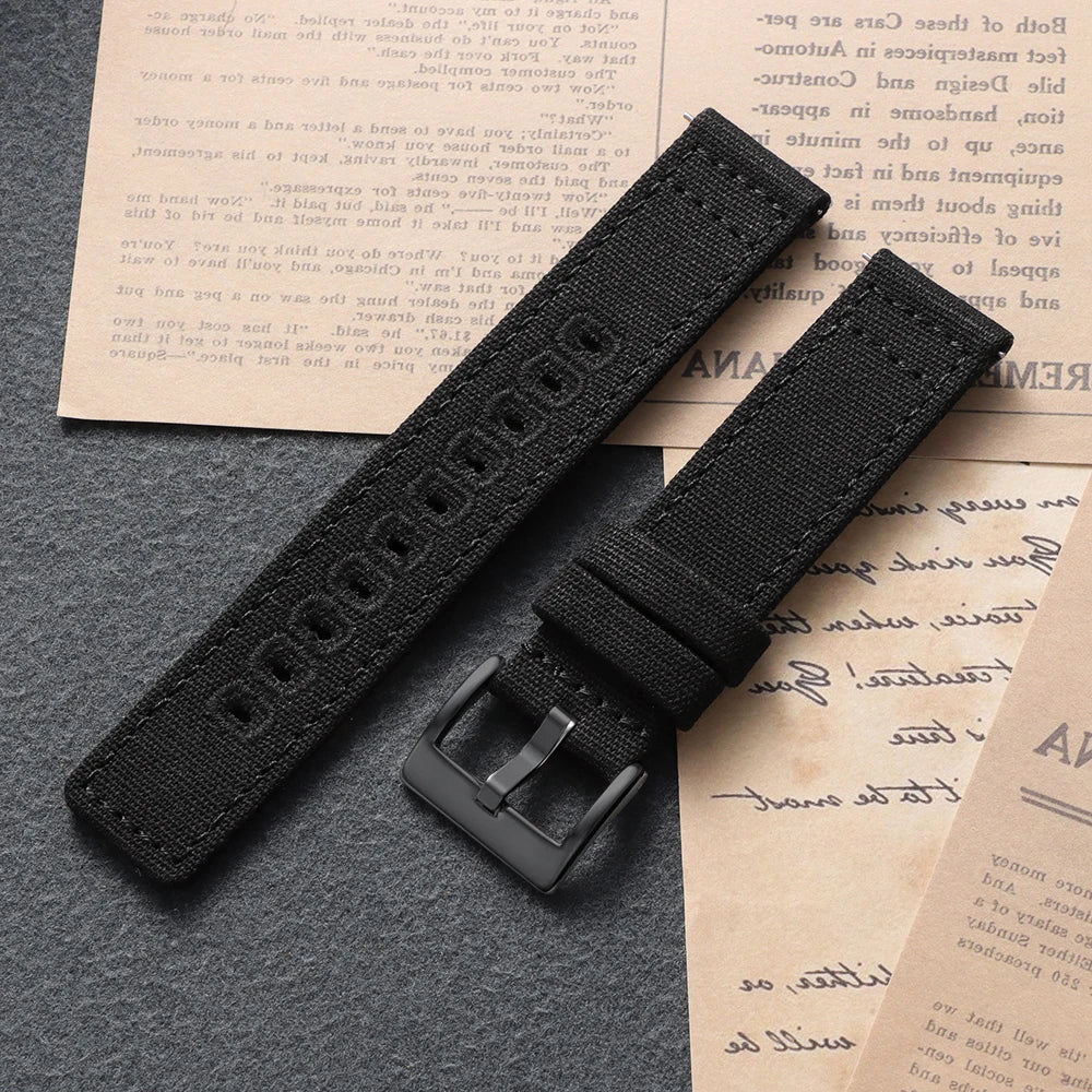 Stitched Canvas Nylon Band in Black with Black Buckle