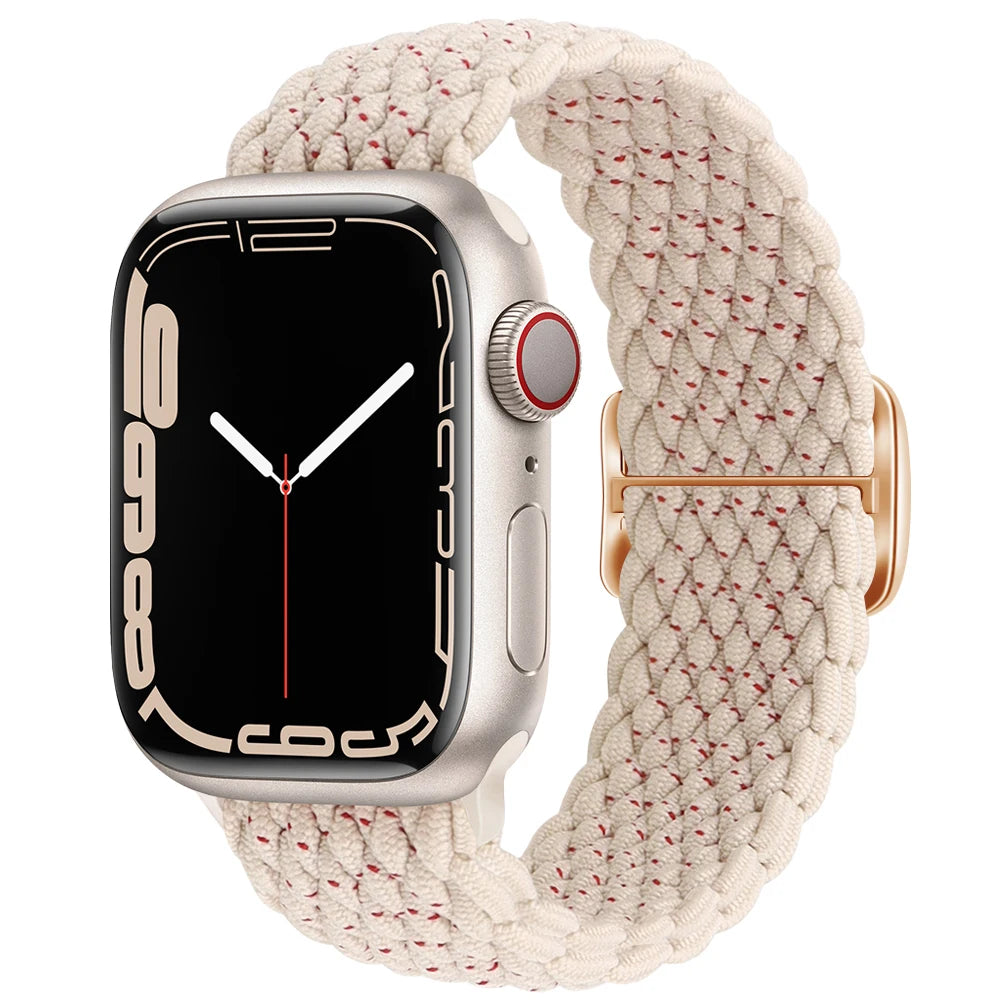 Apple Watch with a braided soft elastic nylon strap in cream, showcasing modern style and comfort for daily use.