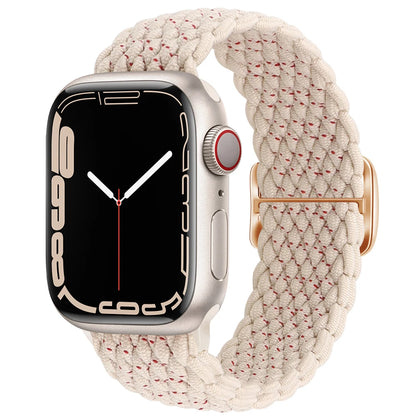 Apple Watch with a braided soft elastic nylon strap in cream, showcasing modern style and comfort for daily use.