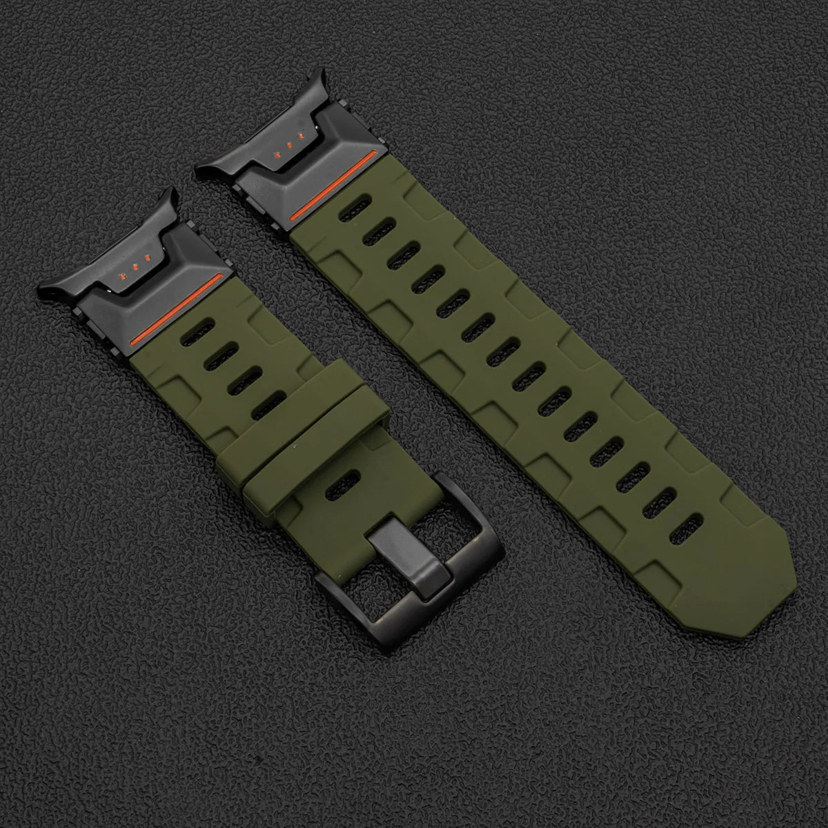 Samsung Galaxy Silicone Sport Watch Band - Ultra/Ultra2 No Gaps in olive green with black buckle.