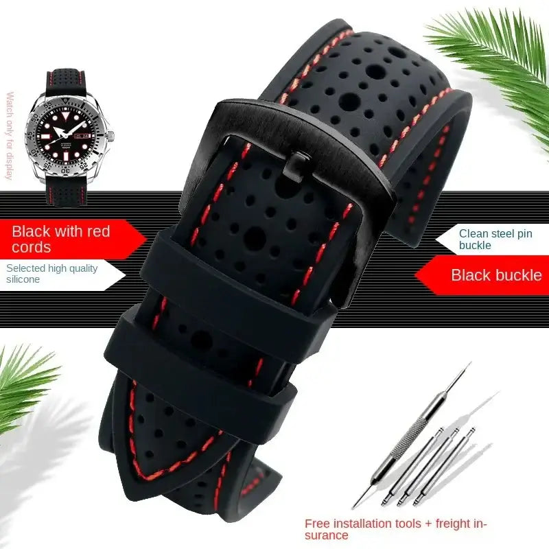 Breathable black silicone Suunto watch band with red cords and black buckle, featuring a stylish, sporty design.