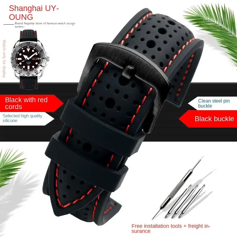 Amazfit Perforated Silicone Band with Contrast Stitching — Black / Red Stitching / Black Buckle