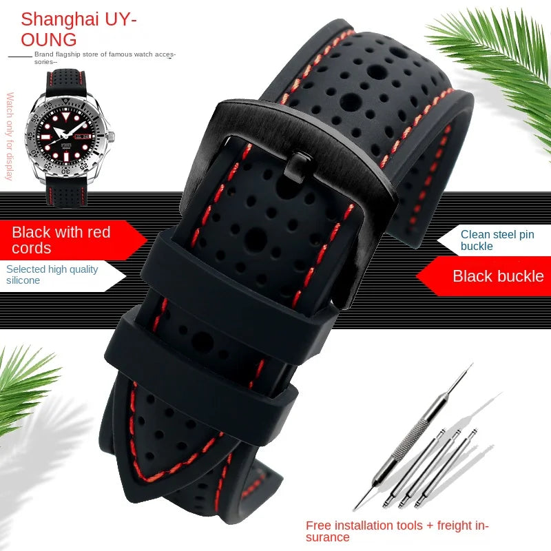 COROS Perforated Silicone Band with Contrast Stitching – Black / Red Stitching / Black Buckle